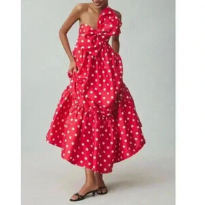 NWT Anthropologie ATSU Sally Red Polka Dot Bow Midi Dress Size XS